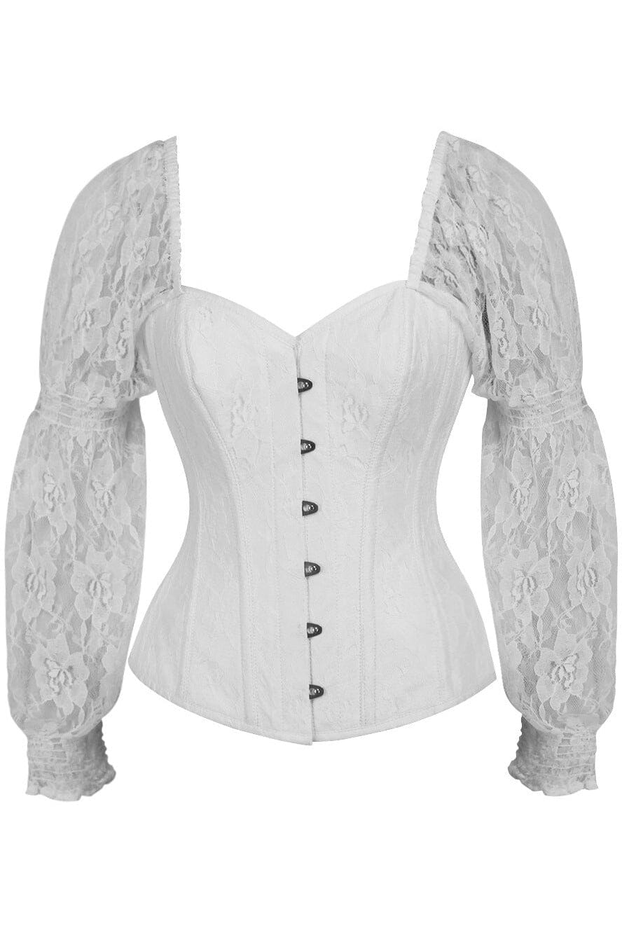 Daisy Corsets Top Drawer White w/White Lace Steel Boned Long Sleeve Corset in White  from SexyShoes.com