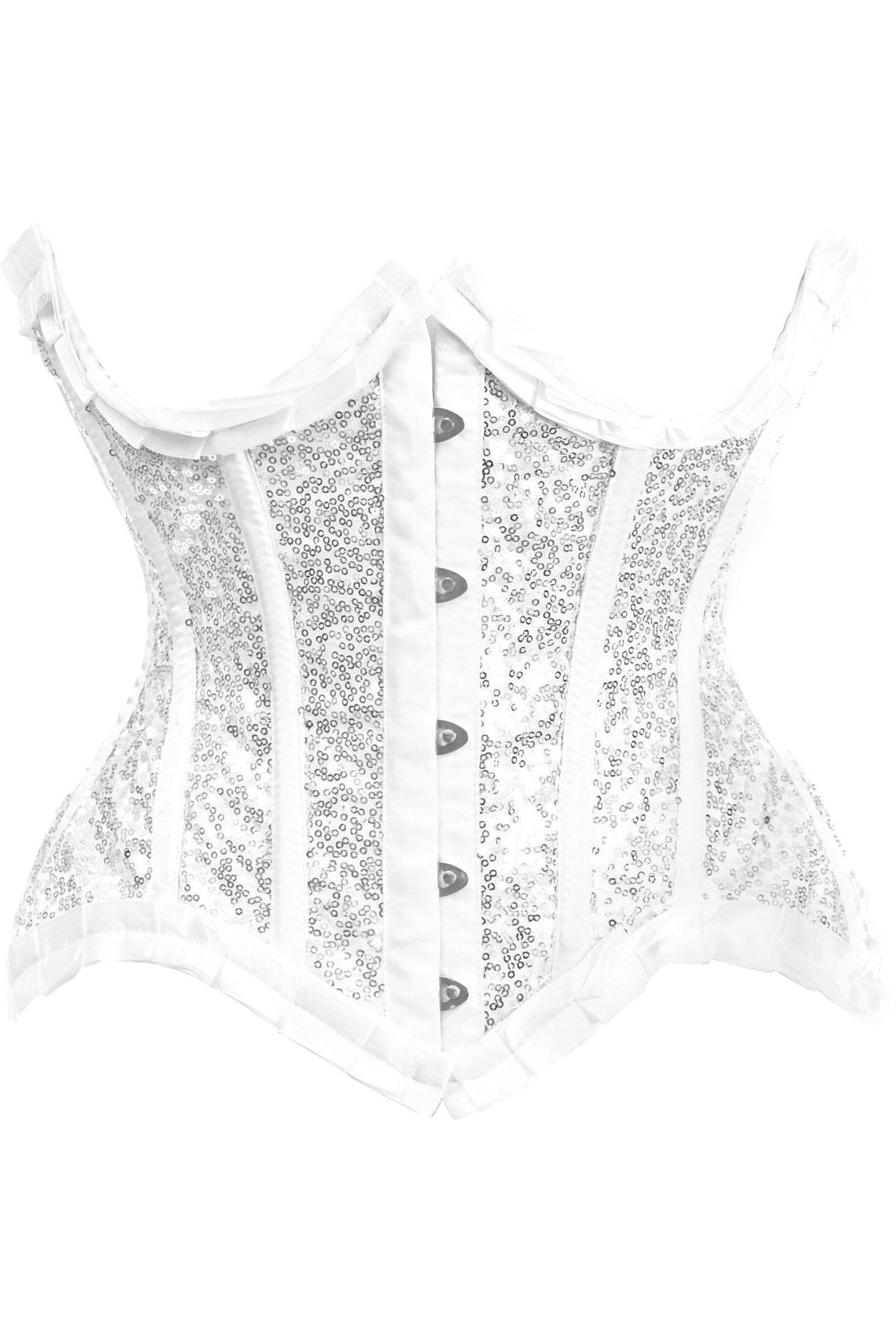 Daisy Corsets Top Drawer White/Silver Satin & Sequin Underwire Curvy Cut Steel Boned Waist Cincher Corset in White  from SexyShoes.com