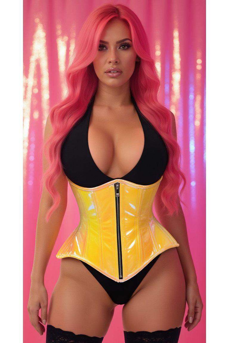 Daisy Corsets Top Drawer Yellow/Pink Holo Double Steel Boned Underbust Waist Cincher Corset in Yellow 