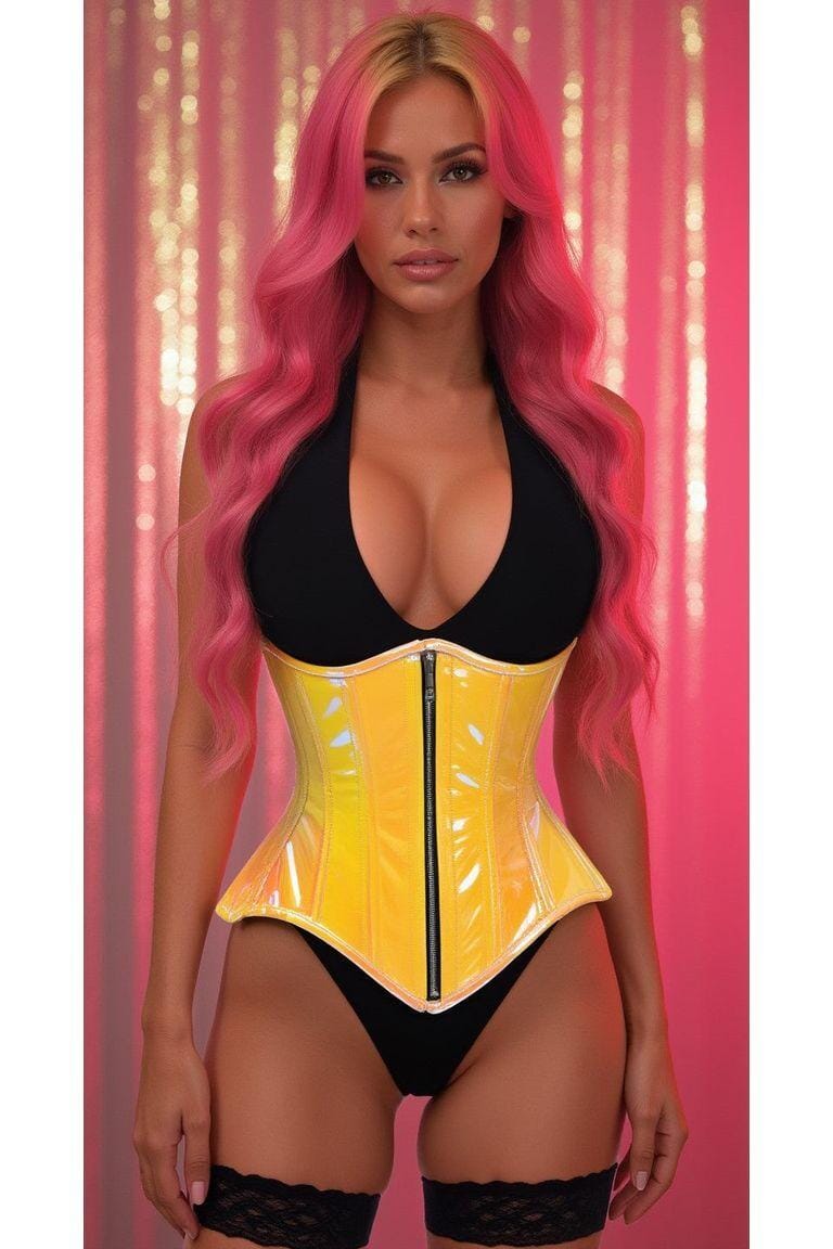 Daisy Corsets Top Drawer Yellow/Pink Holo Double Steel Boned Underbust Waist Cincher Corset in Yellow 