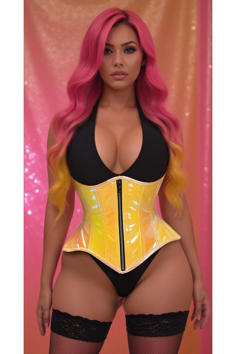 Daisy Corsets Top Drawer Yellow/Pink Holo Double Steel Boned Underbust Waist Cincher Corset in Yellow 