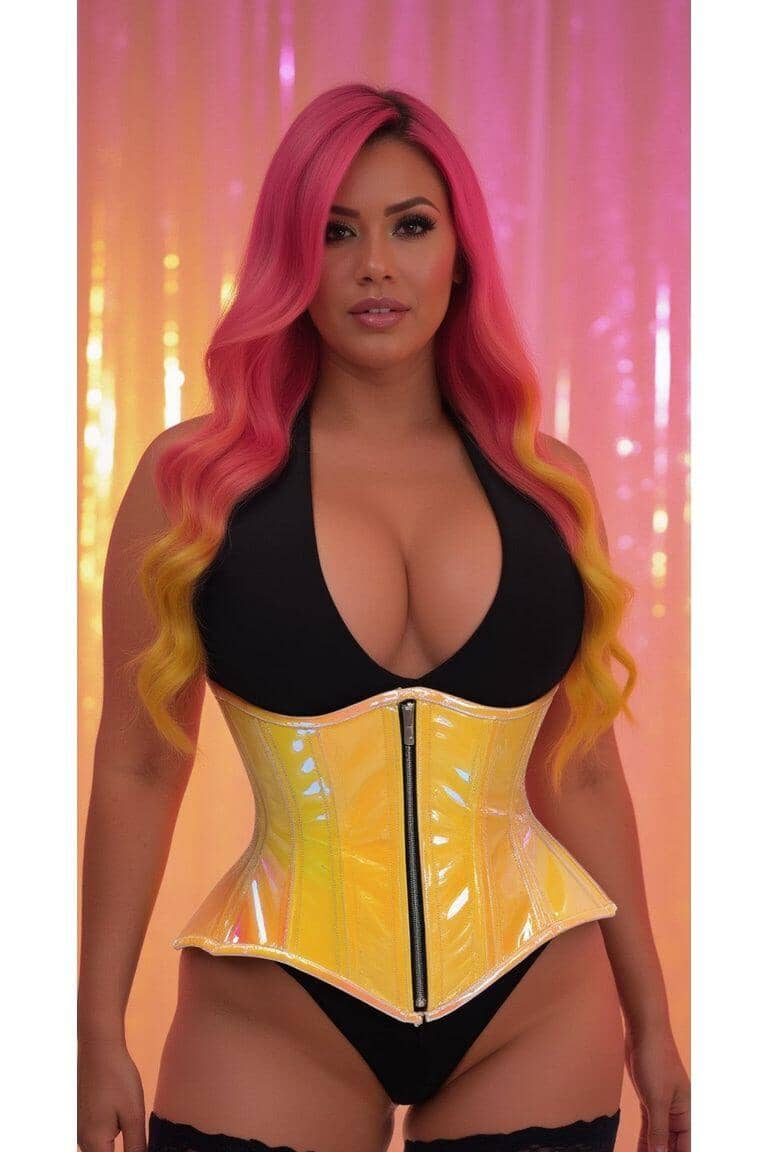 Daisy Corsets Top Drawer Yellow/Pink Holo Double Steel Boned Underbust Waist Cincher Corset in Yellow 
