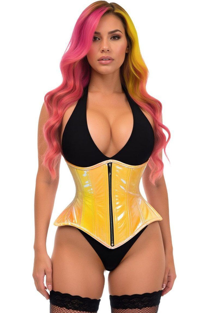 Top Drawer Yellow/Pink Holo Double Steel Boned Underbust Waist Cincher Corset