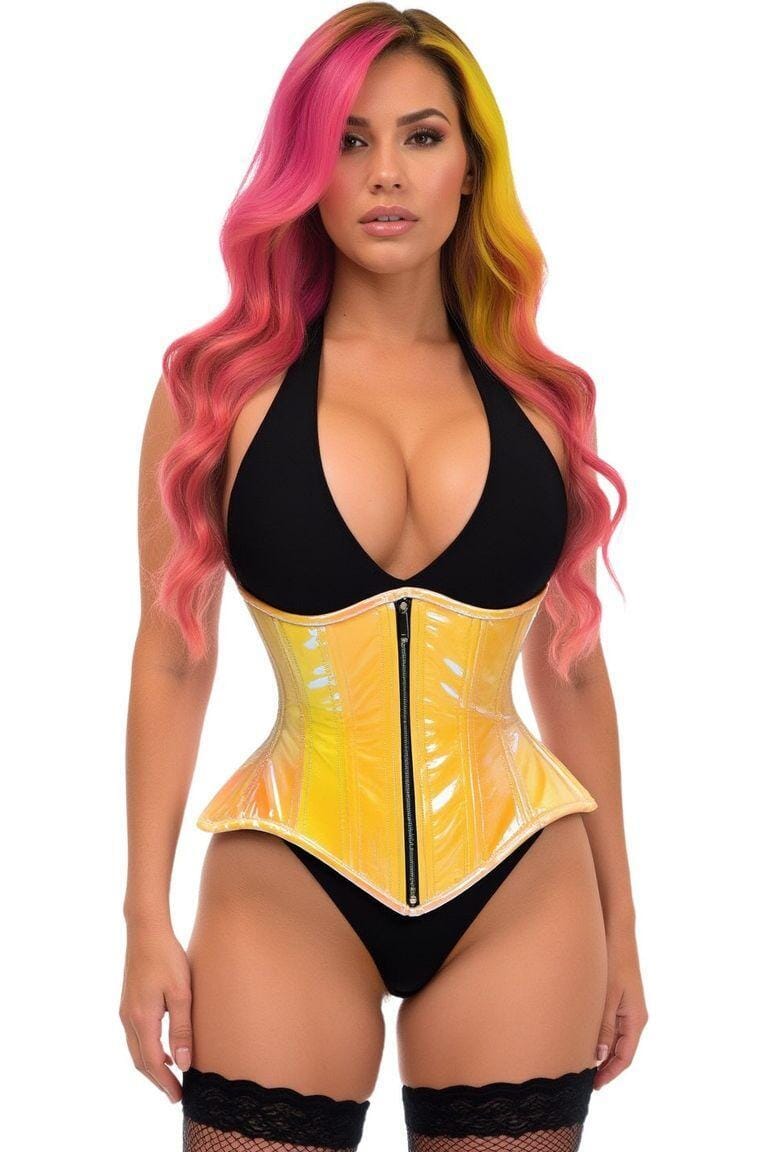 Daisy Corsets Top Drawer Yellow/Pink Holo Double Steel Boned Underbust Waist Cincher Corset in Yellow 