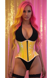 Daisy Corsets Top Drawer Yellow/Pink Holo Double Steel Boned Underbust Waist Cincher Corset in Yellow  from SexyShoes.com