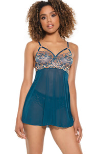 Coquette Underwired Demi Cups Babydoll with Embroidered Details in Green  from SexyShoes.com