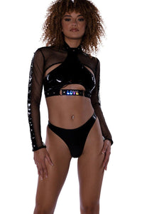 Roma Confidential Unisex Fishnet Shrug with Vinyl & Stud Detail in Black 