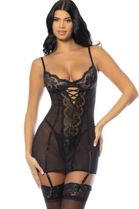 Oh La La Cheri Unlined Underwire Fitted Babydoll with Detachable Garter Straps and Matching G String in Black  from SexyShoes.com