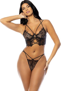 Oh La La Cheri Unlined Underwire Lace Bustier and Panty Set with Nonfunctional Ties in Black  from SexyShoes.com
