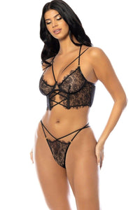 Oh La La Cheri Unlined Underwire Lace Bustier and Panty Set with Nonfunctional Ties in Black 