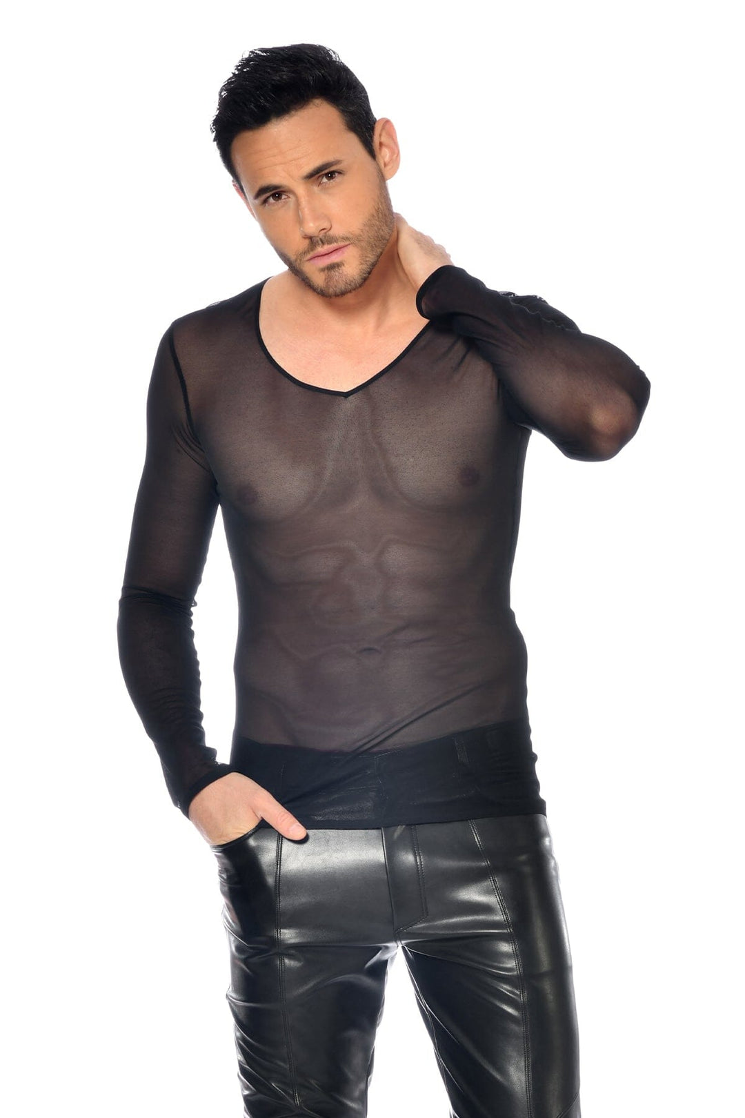 L'HOMME LANNISTER Mesh Long Sleeve V Neck Shirt in Black  from SexyShoes.com