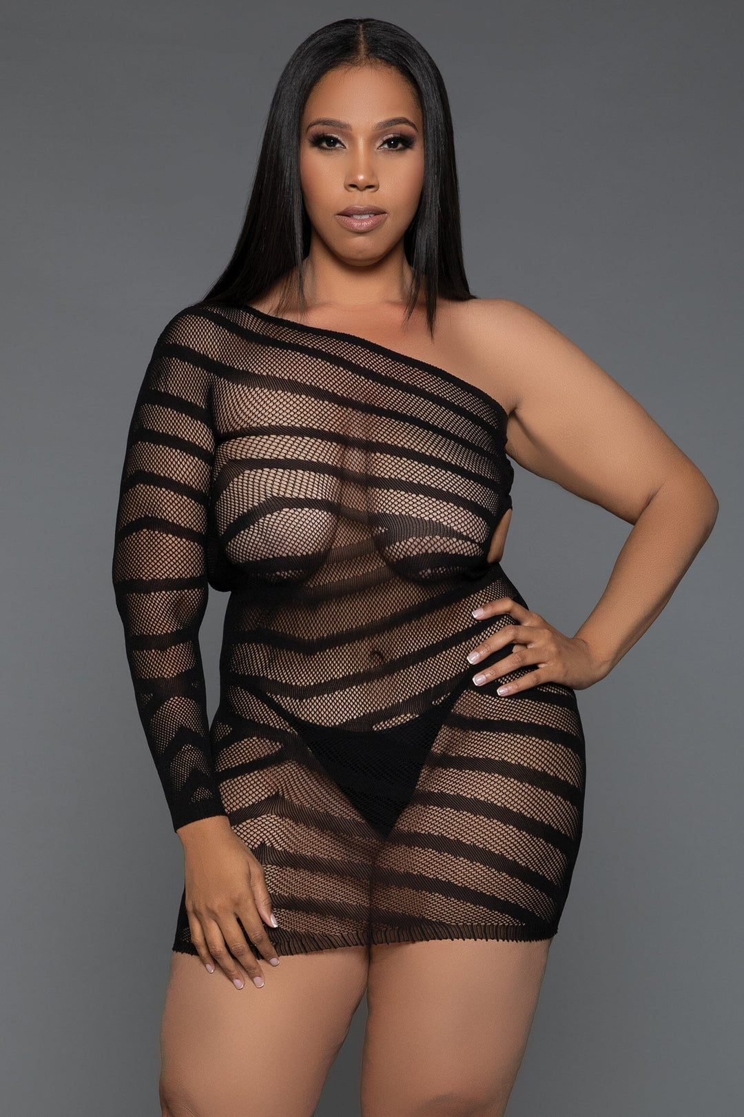 BeWicked V neck long sleeves Fishnet Minidress in Black  from SexyShoes.com