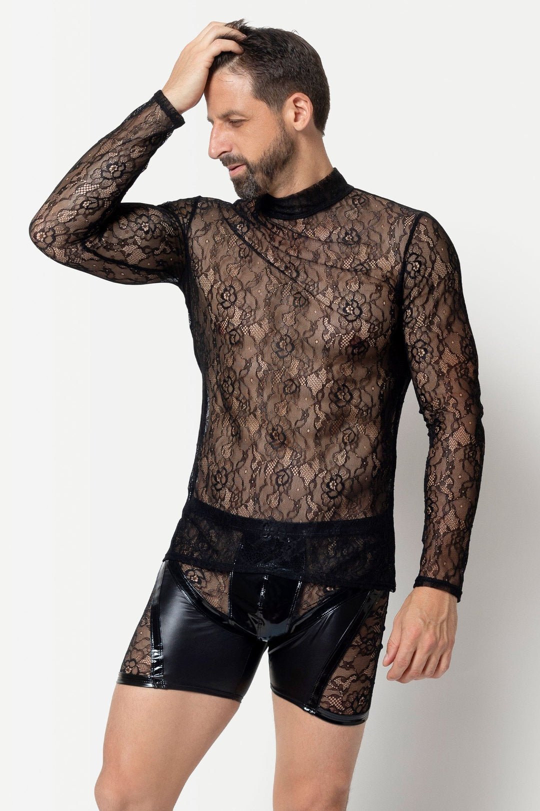 L'HOMME VALLA Floral Lace Long Sleeved Shirt in Black  from SexyShoes.com