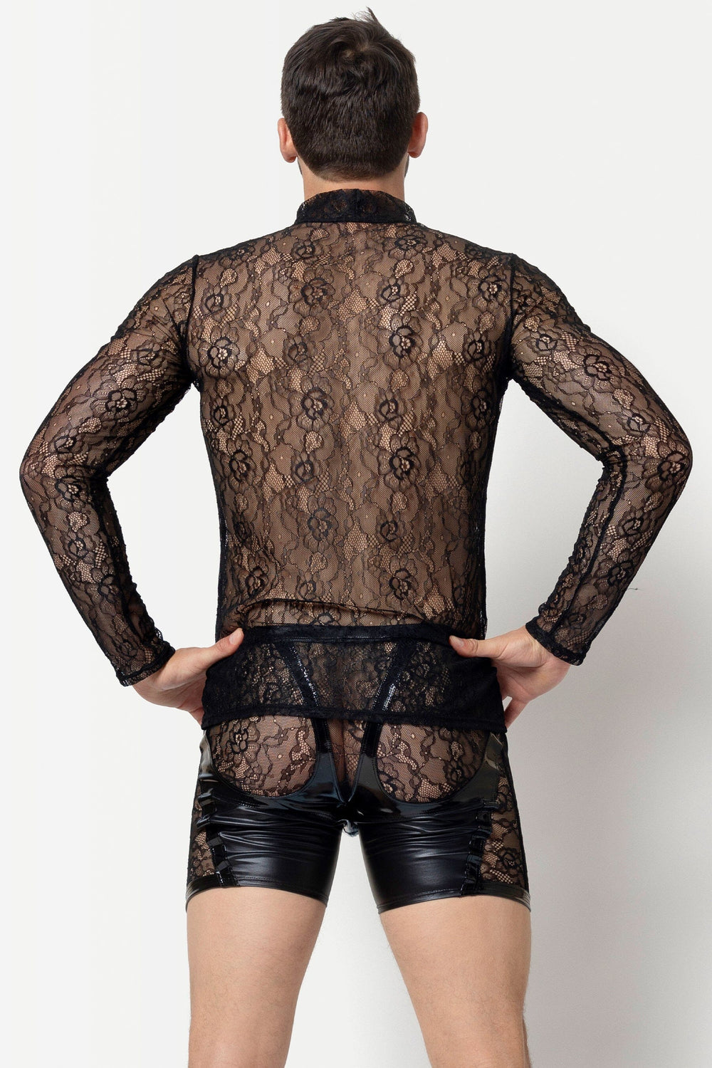 L'HOMME VALLA Floral Lace Long Sleeved Shirt in Black 