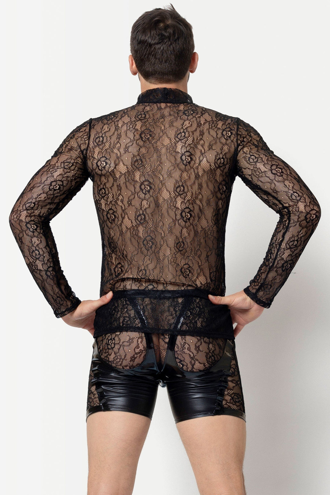 L'HOMME VALLA Floral Lace Long Sleeved Shirt in Black 