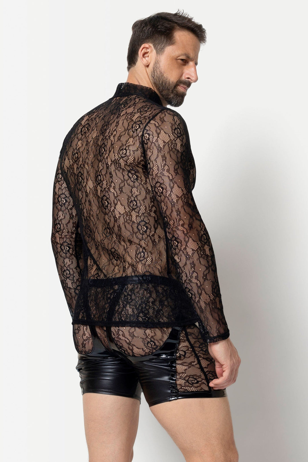 L'HOMME VALLA Floral Lace Long Sleeved Shirt in Black 