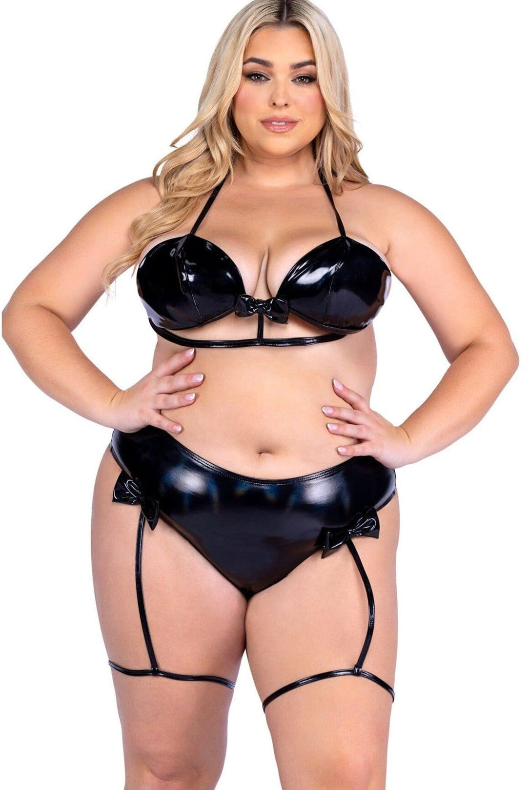 Roma Confidential Vinyl Bikini Tie Top with Bow Detail in Black 