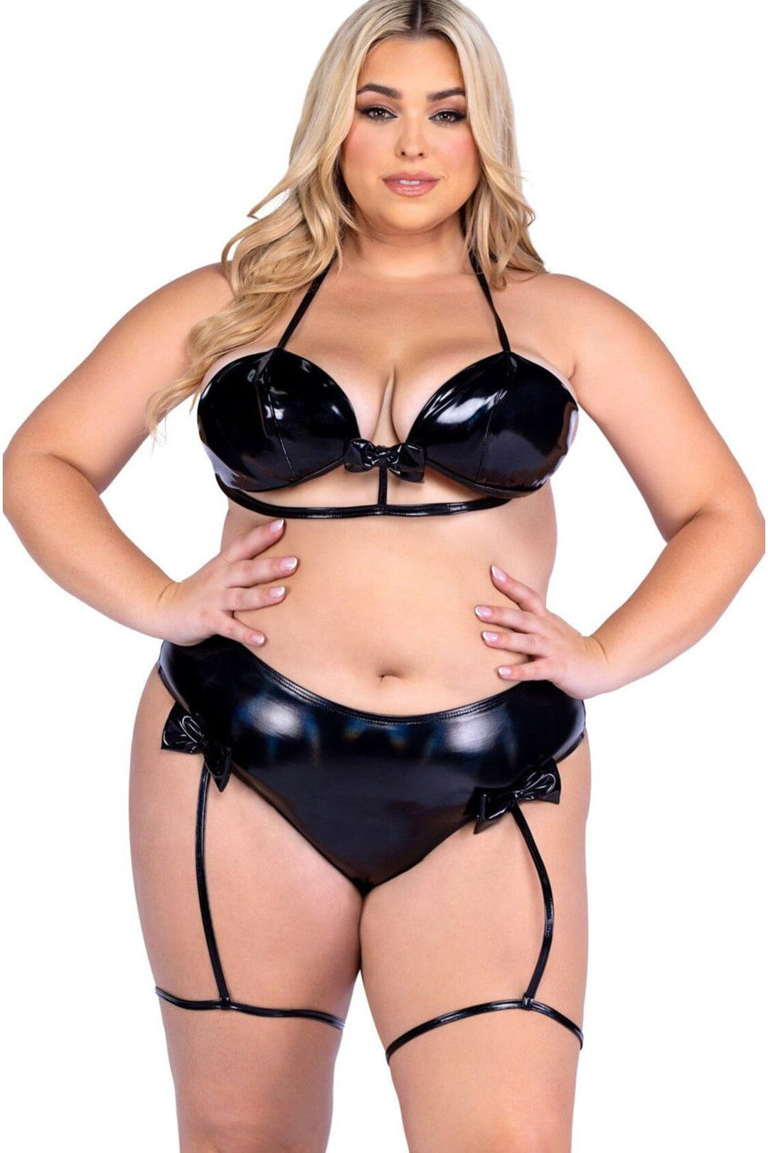 Roma Confidential Vinyl High Waisted Shorts with Attached Leg Straps & Bow Detail in Black 