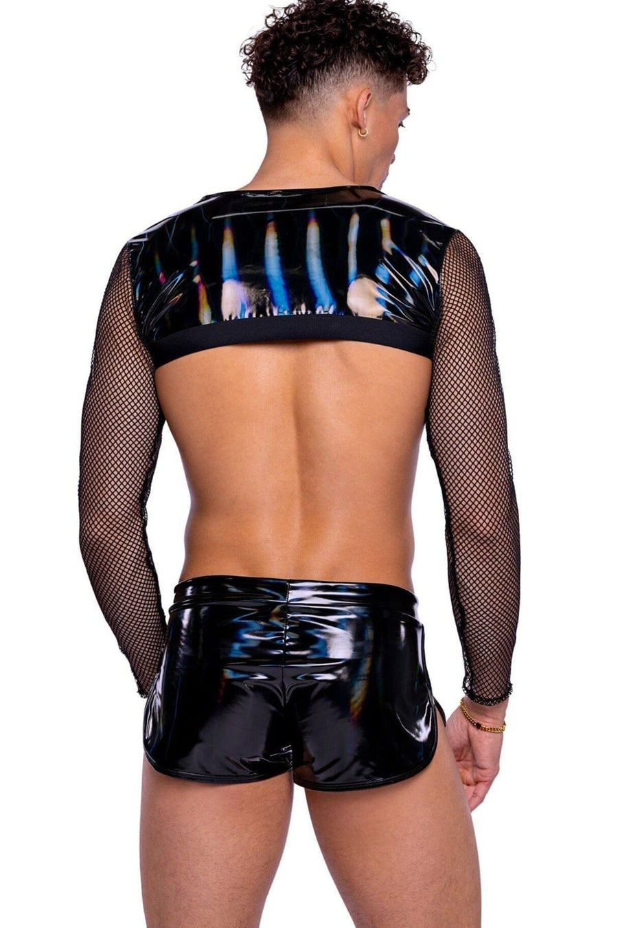 Roma Confidential Vinyl with Iridescent Print Long Sleeved Fishnet Top with Zip Up Closure in Black 