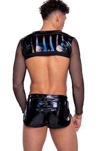 Roma Confidential Vinyl with Iridescent Print Long Sleeved Fishnet Top with Zip Up Closure in Black 