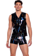 Vinyl with Iridescent Print Shorts with Zipper Pockets & Drawstring