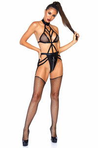 Wet Look Cage Strap Garter Teddy With O-Ring Halter & Zip Around Thong Bottom-Teddies-SEXYSHOES.COM