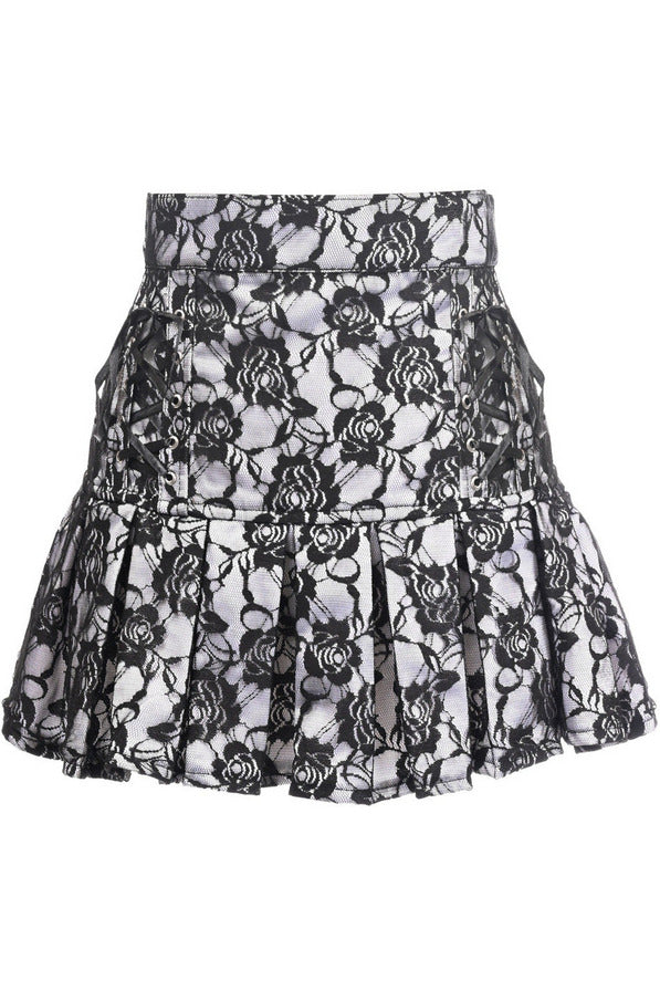 White Satin w/Black Lace Overlay Lace-Up Skirt