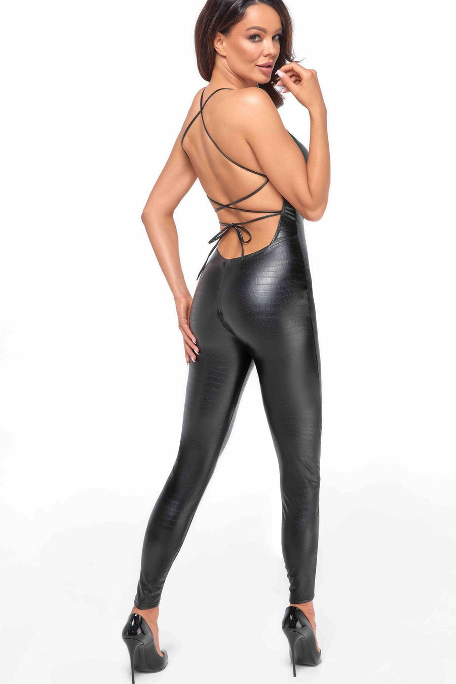 Noir Handmade Wild Crocodile Printed Wetlook Catsuit With Lace Up Back in Black 