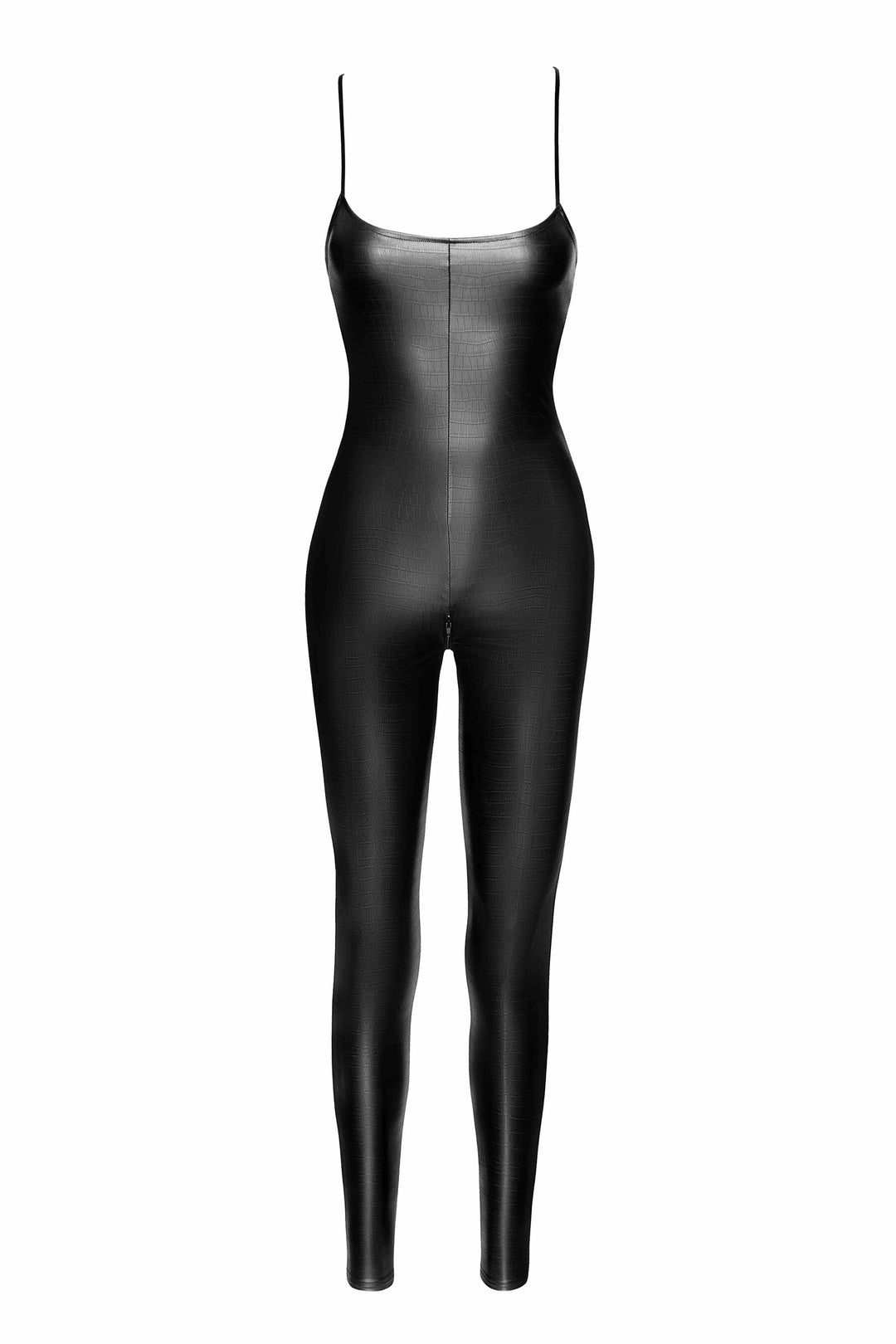 Noir Handmade Wild Crocodile Printed Wetlook Catsuit With Lace Up Back in Black 