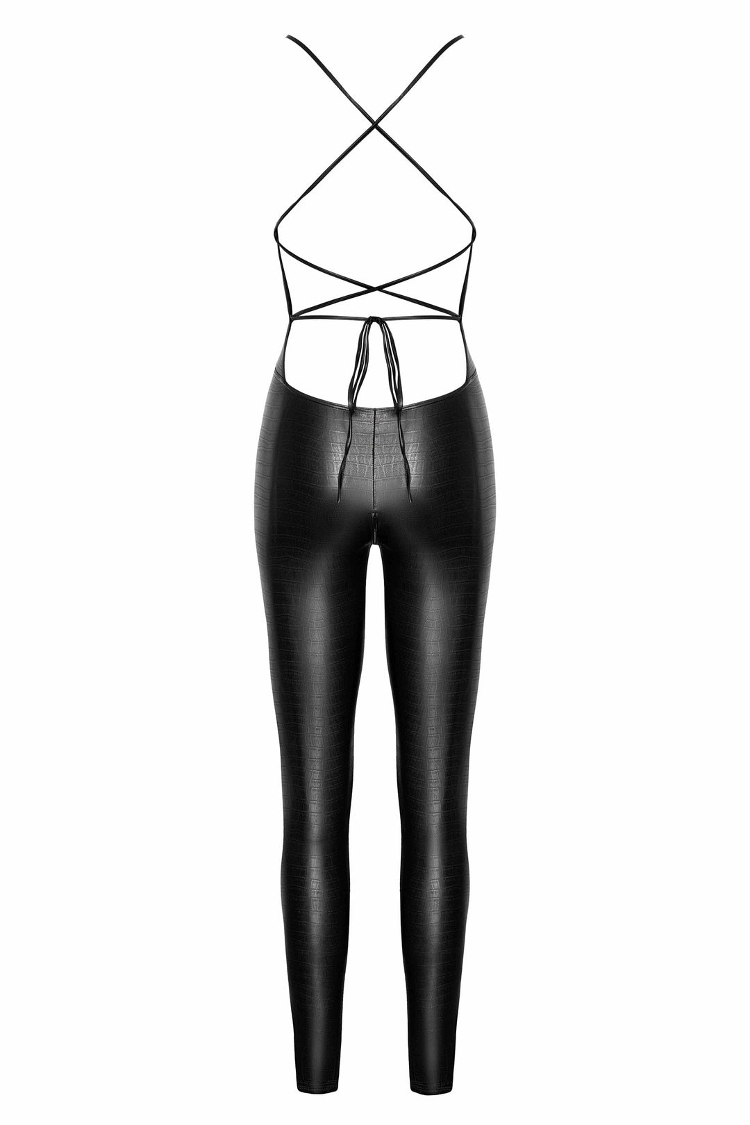 Noir Handmade Wild Crocodile Printed Wetlook Catsuit With Lace Up Back in Black 