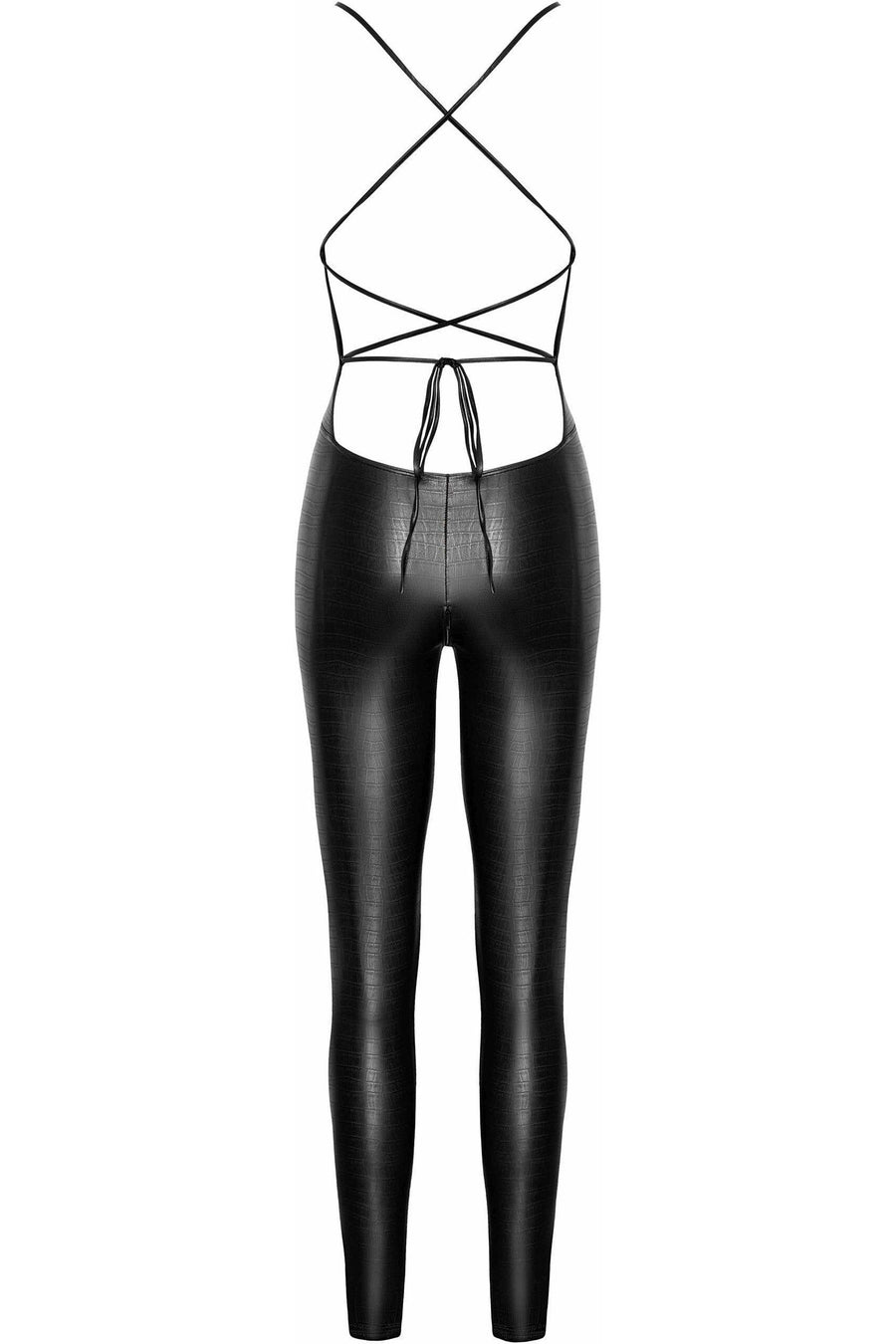 Noir Handmade Wild Crocodile Printed Wetlook Catsuit With Lace Up Back in Black 