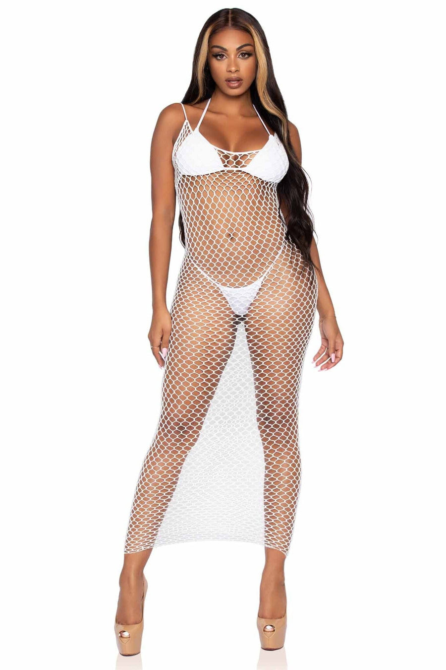 Woven Twist Net Backless Maxi Dress-Stripper Dresses-SEXYSHOES.COM