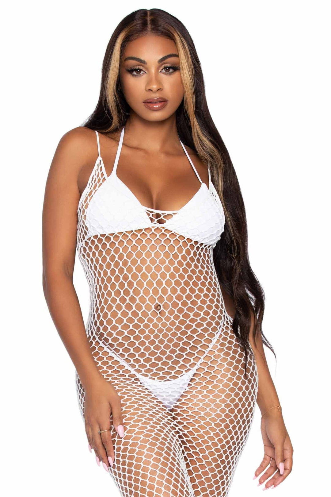 Leg Avenue Woven Twist Net Backless Maxi Dress in White  from SexyShoes.com