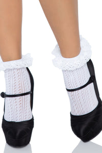 Leg Avenue Zig Zag Crochet Eyelet Lace Ankle Socks in White  from SexyShoes.com