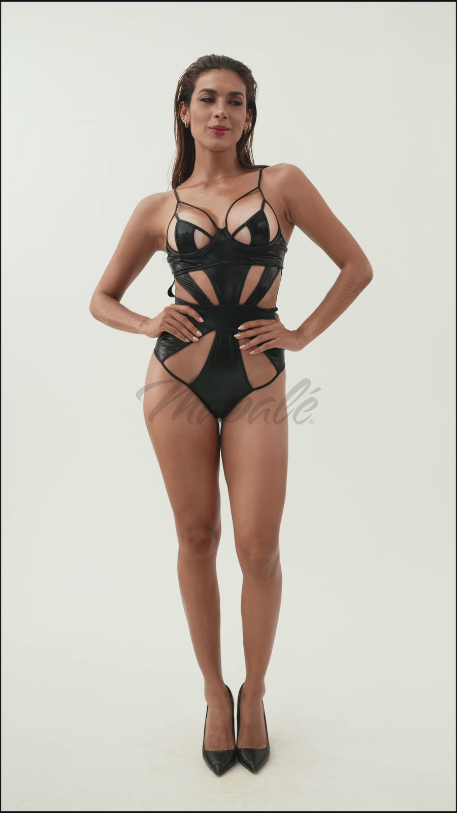 Cutout Contour Wet-Look Bodysuit
