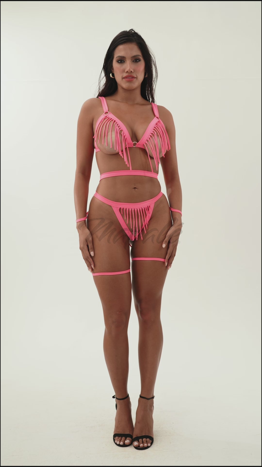 Fringe Wet-Look Pink Two-Piece Set
