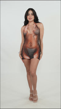 Mesh Halter Dress with Illusion Print