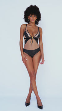 Transparent Tulle and Leather-Effect Bodysuit