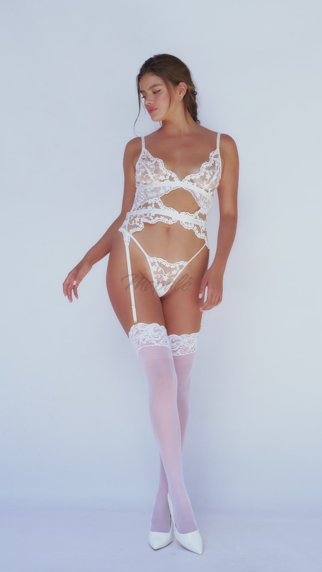 Mapale Floral Embroidered Mesh Two Piece Set in White 