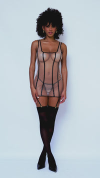 Mapale Transparent Mesh Babydoll with Lace Up Design in Nude 