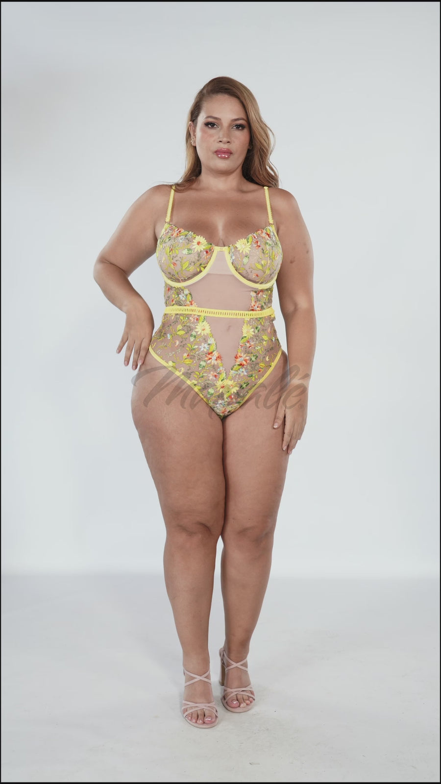Embroidered Sheer Mesh Bodysuit with Lace-Up Back
