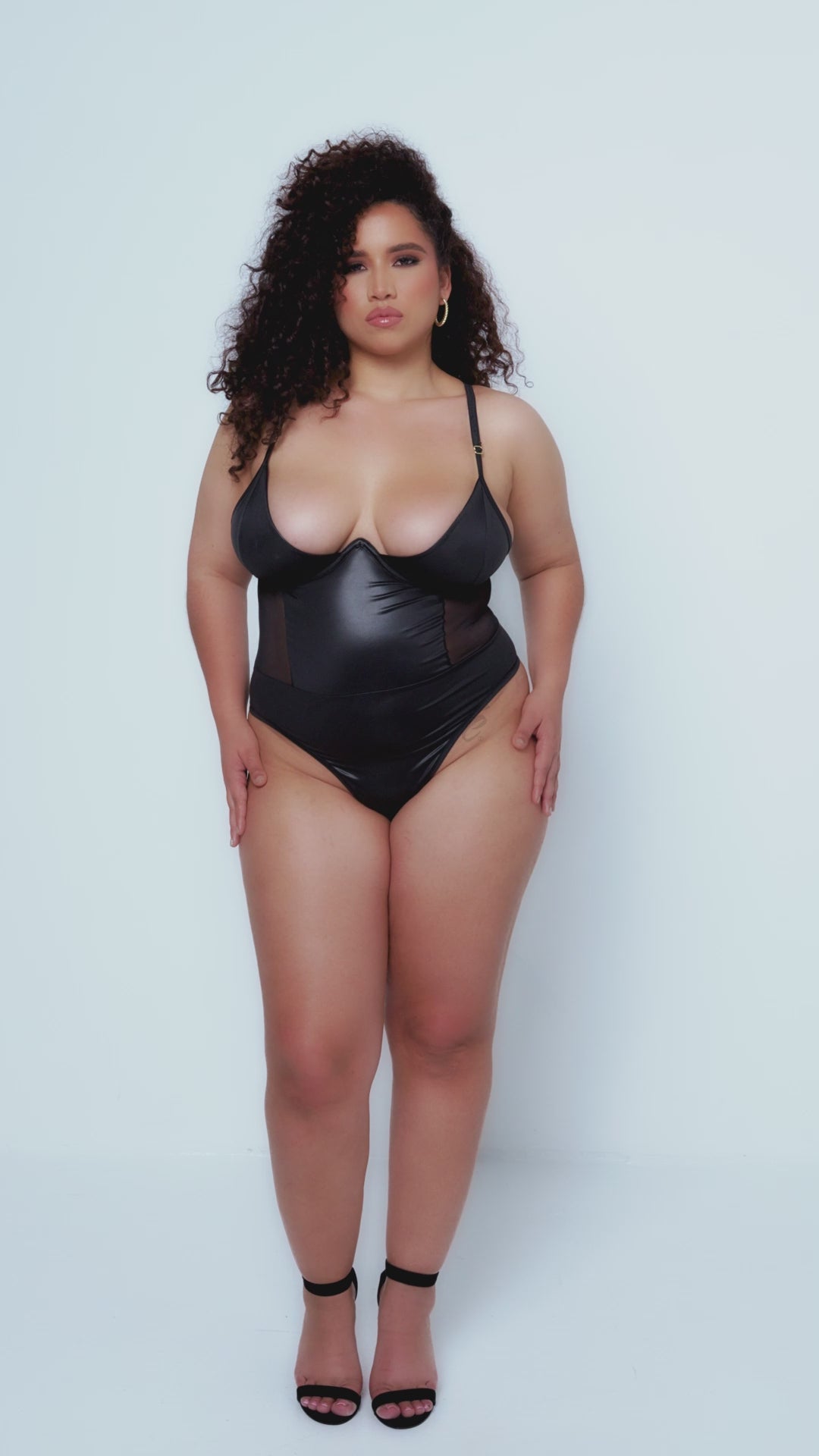 Leather-Effect Fabric with Transparent Tulle Bodysuit | Plus Size
