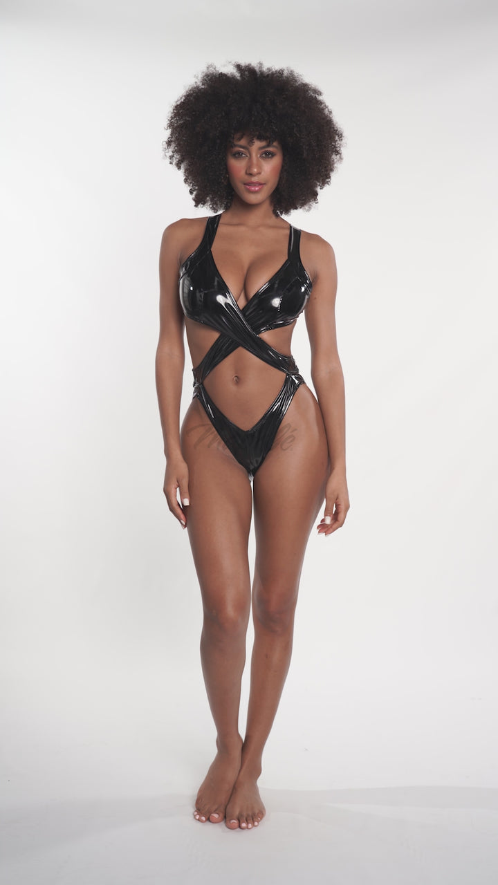 Gloss Black Monokini with Criss Cross Design