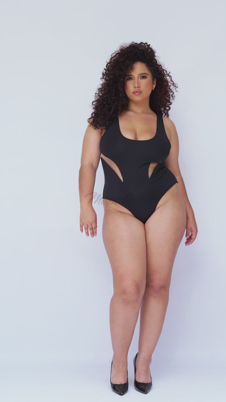 One Piece Swimsuit with Sheer Mesh Contrast