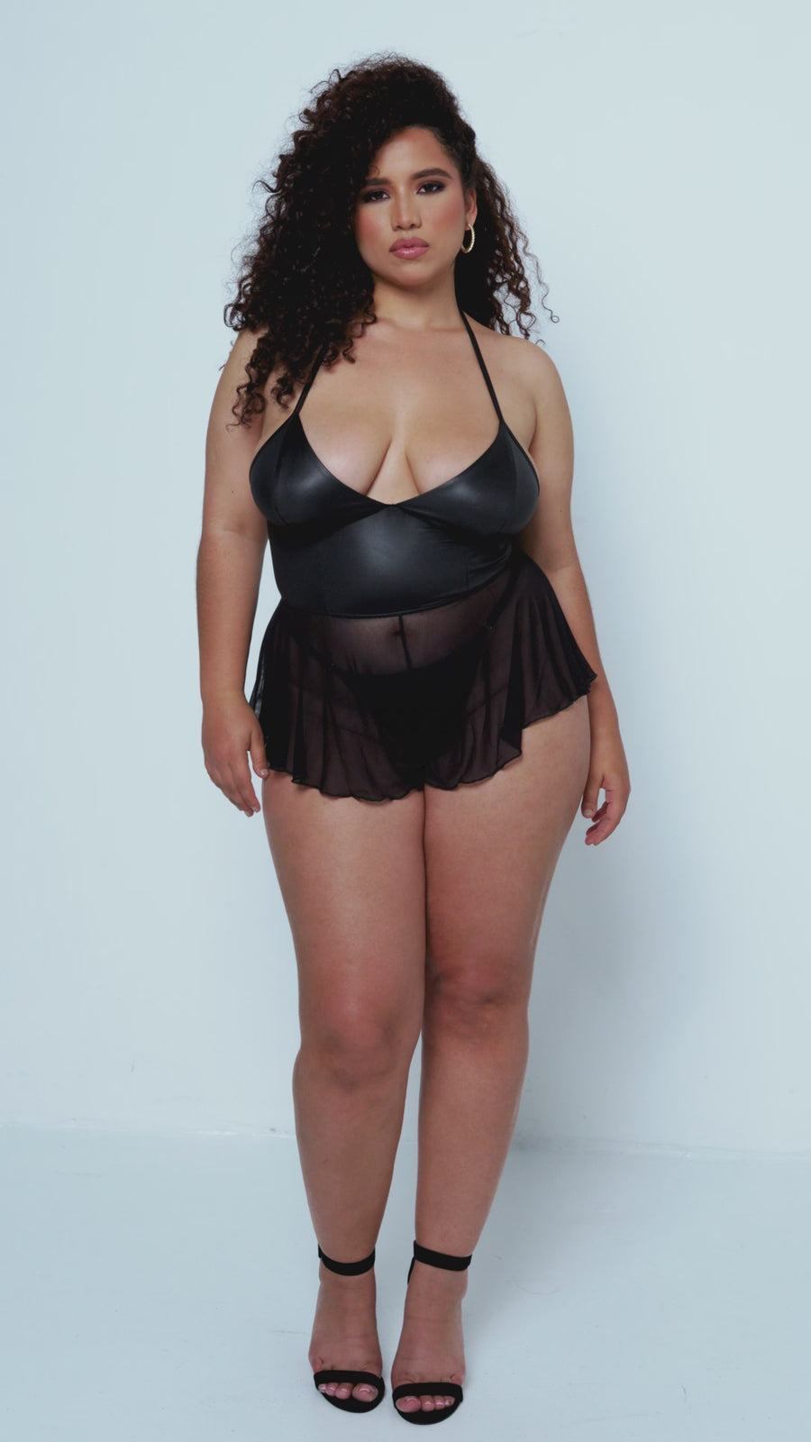 Wet-Look Romper with  Halter Neck-Tie | Plus Size