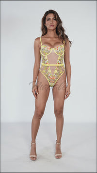 Mapale Embroidered Sheer Mesh Bodysuit with Lace Up Back in Yellow 