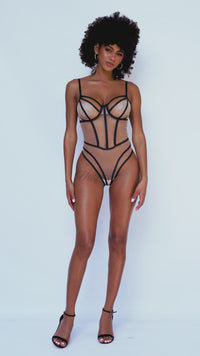Mapale Mesh with Contrasting Linework Underwired Bodysuit in Nude 