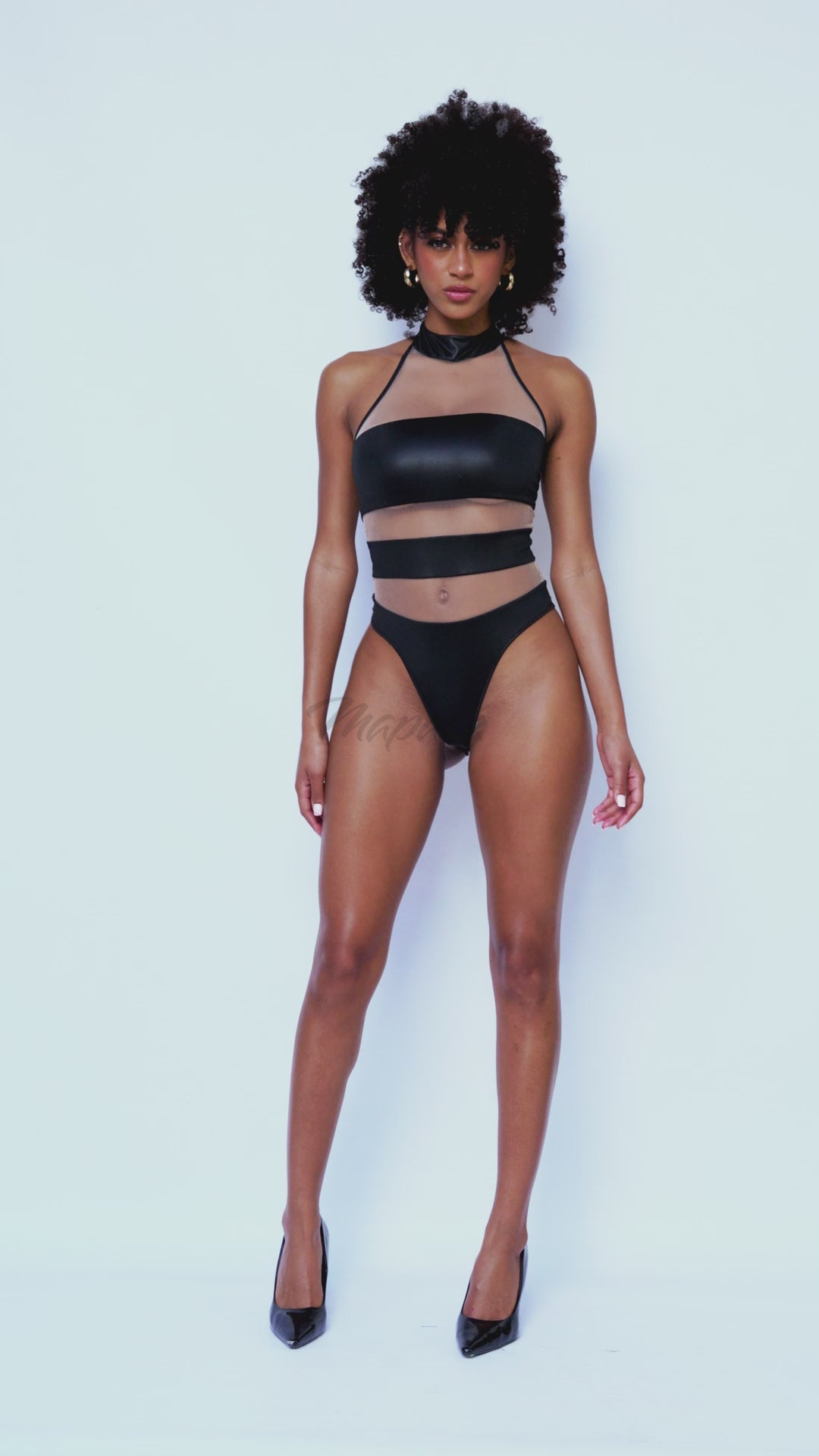 Mapale Leather Effect Fabric Panels Bodysuit in Black 