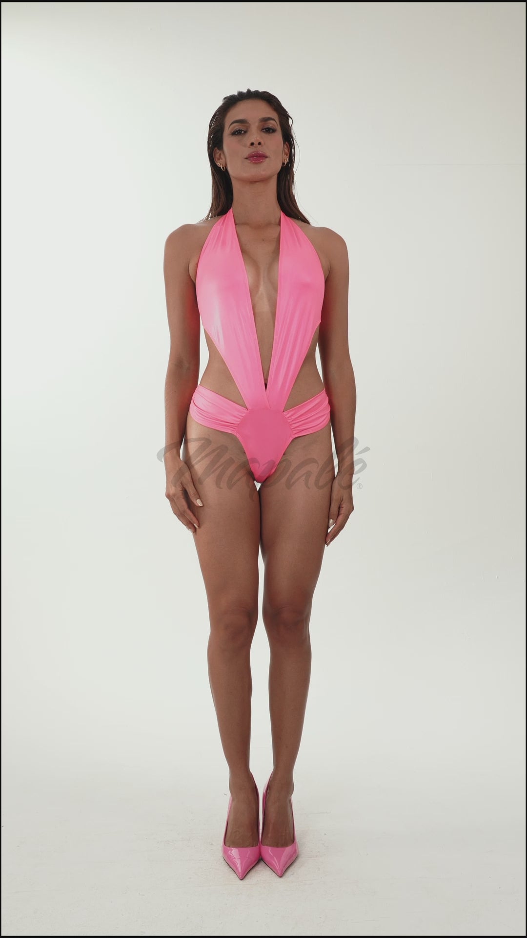 Plunging Halter Wet-Look Bodysuit