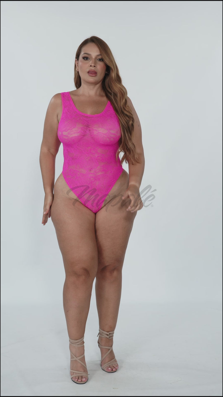 Vibrant Pink Lace Bodysuit with Lace-Up Back
